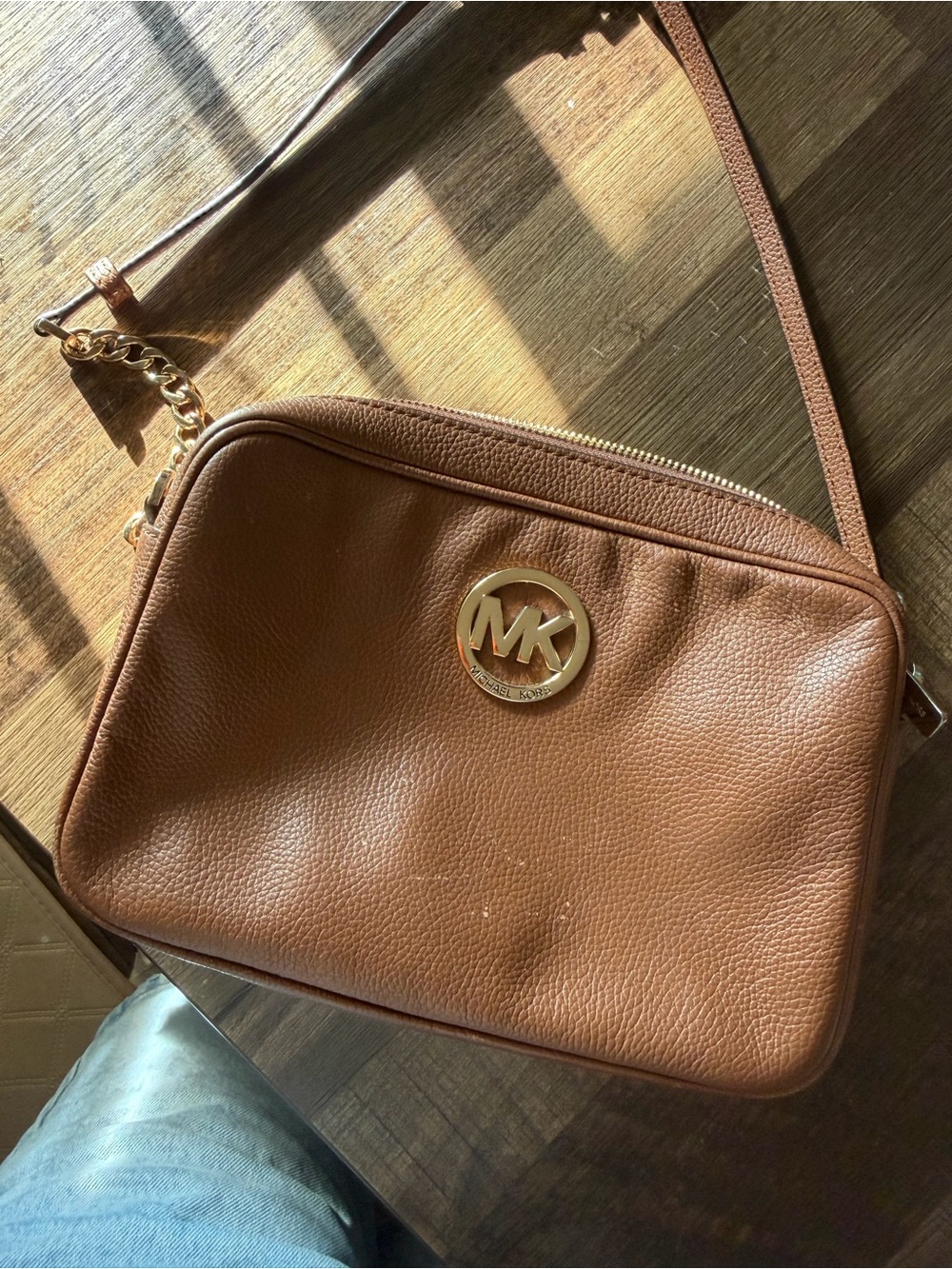 Michael Kors Tan Pebbled Leather Crossbody with Gold MK Emblem